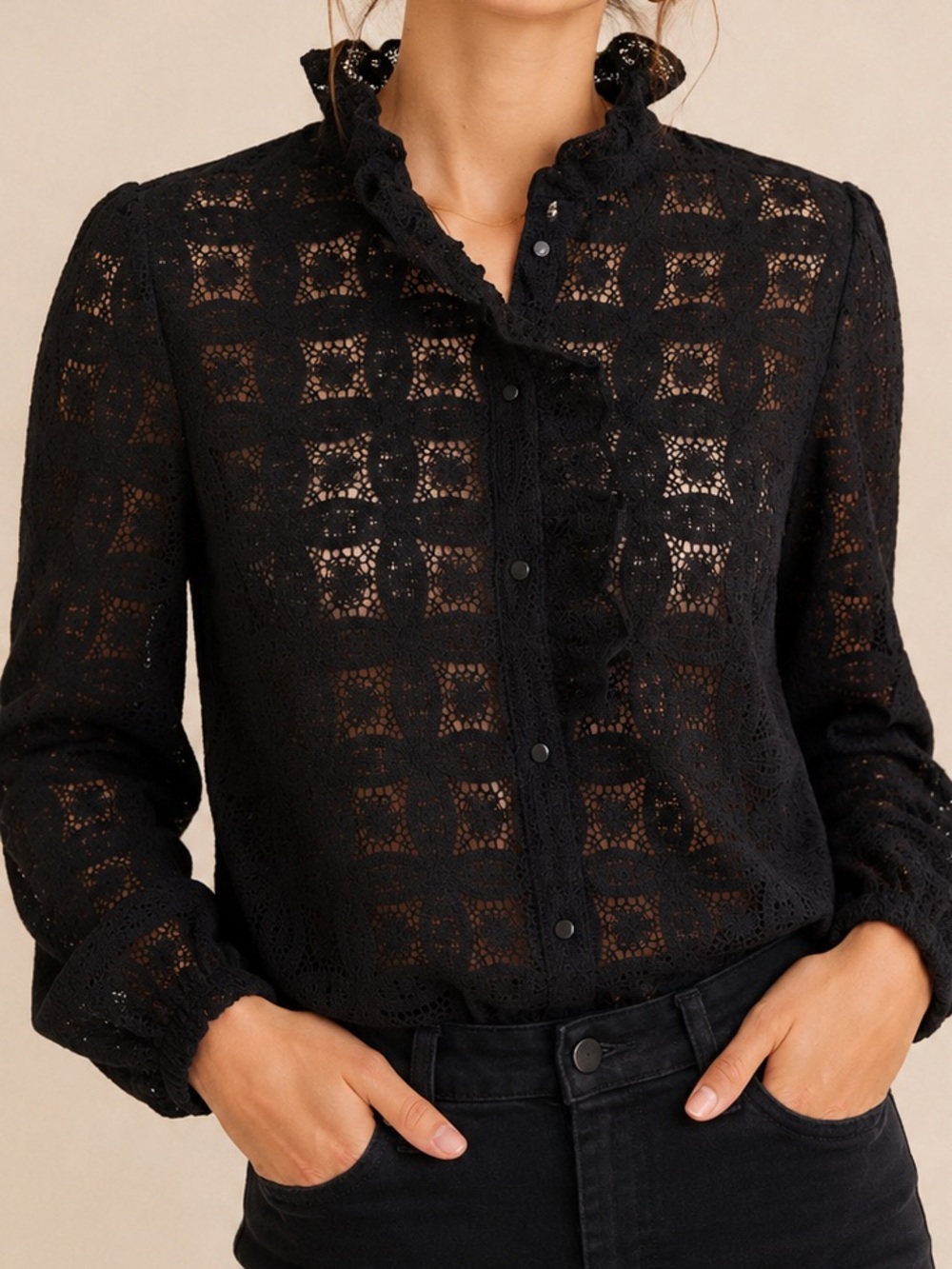 Sezane Chlo Black Guipure Lace Crochet Ruffle Button-Up Blouse Sz 38